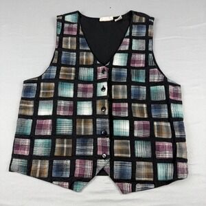 Weekend Provisions Women's Plaid Chunky Patchwork Button Front Vest Vintage M